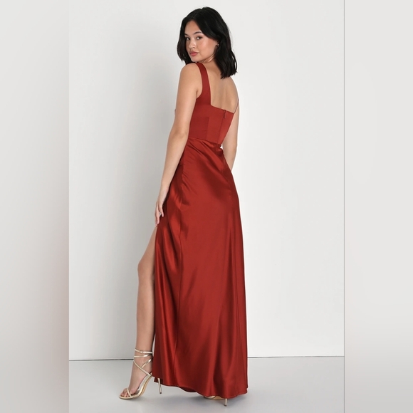Lulu's Red Carpet Romance Rust Orange Satin Square Neck Maxi Dress L Party - Picture 4 of 12